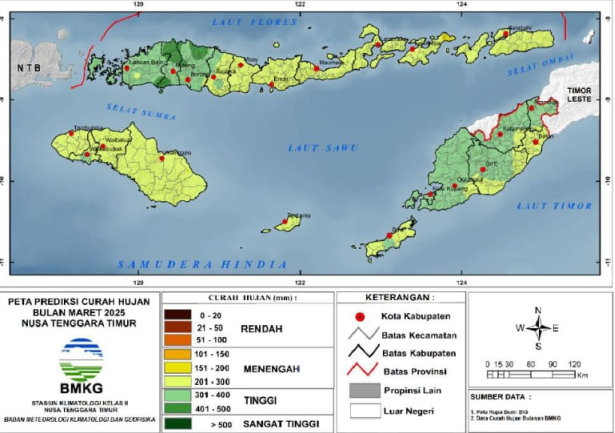 Peta Prediksi Curah Hujan dan Sifat Hujan Bulan Maret 2025 di NTT