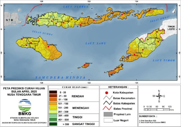 Peta Prediksi Curah Hujan dan Sifat Hujan Bulan April 2025 di NTT