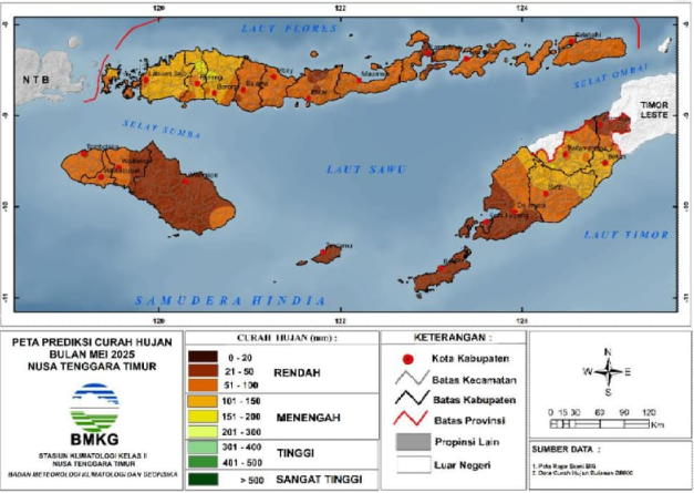 Peta Prediksi Curah Hujan dan Sifat Hujan Bulan Mei 2025 di NTT