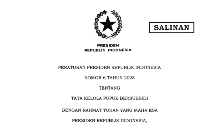 Peraturan Presiden Republik Indonesia Nomor 6 Tahun 2025Tentang: Tata Kelola Pupuk Bersubsidi
