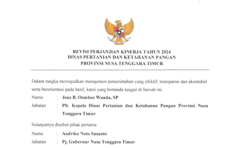 Revisi Perjanjian Kinerja Tahun 2024 Dinas Pertanian dan Ketahanan Pangan Provinsi Nusa Tenggara Timur