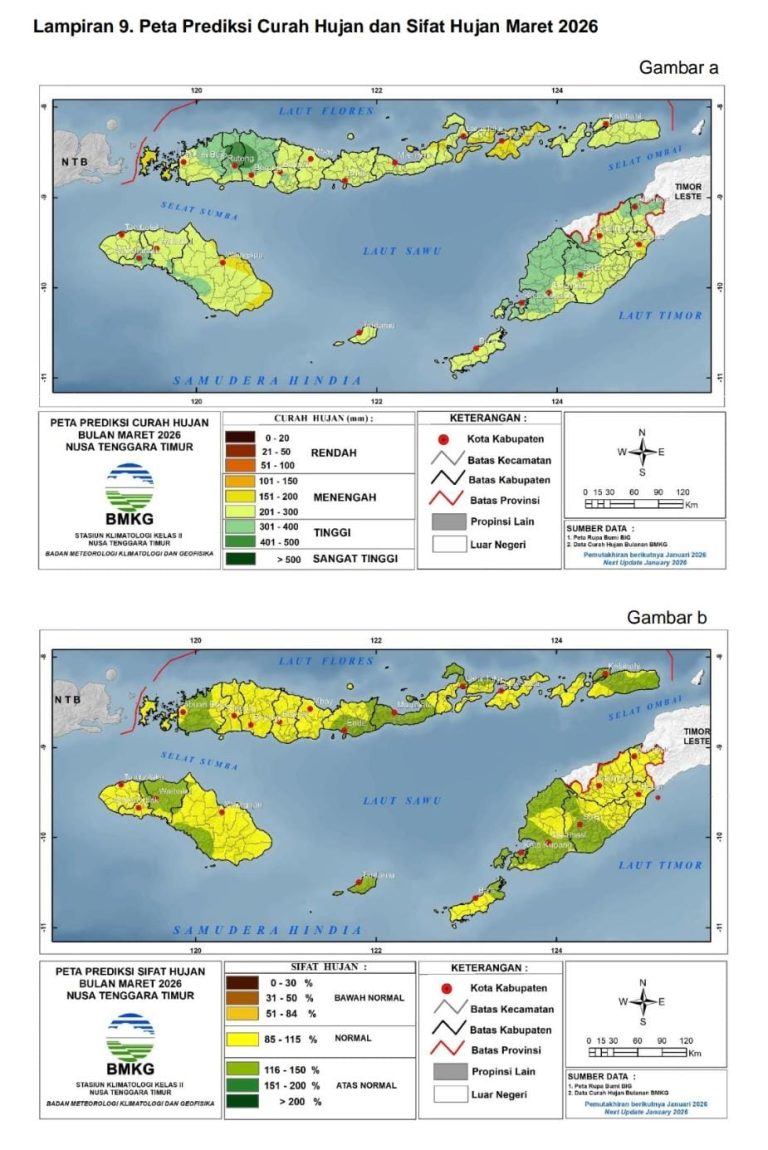 Peta Prediksi Curah Hujan dan Sifat Hujan Bulan Maret 2026