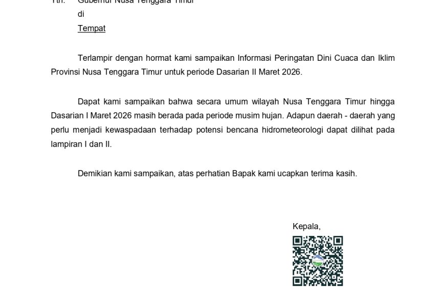 Peringatan Dini Cuaca Ekstrem NTT Periode Dasarian II Maret 2026