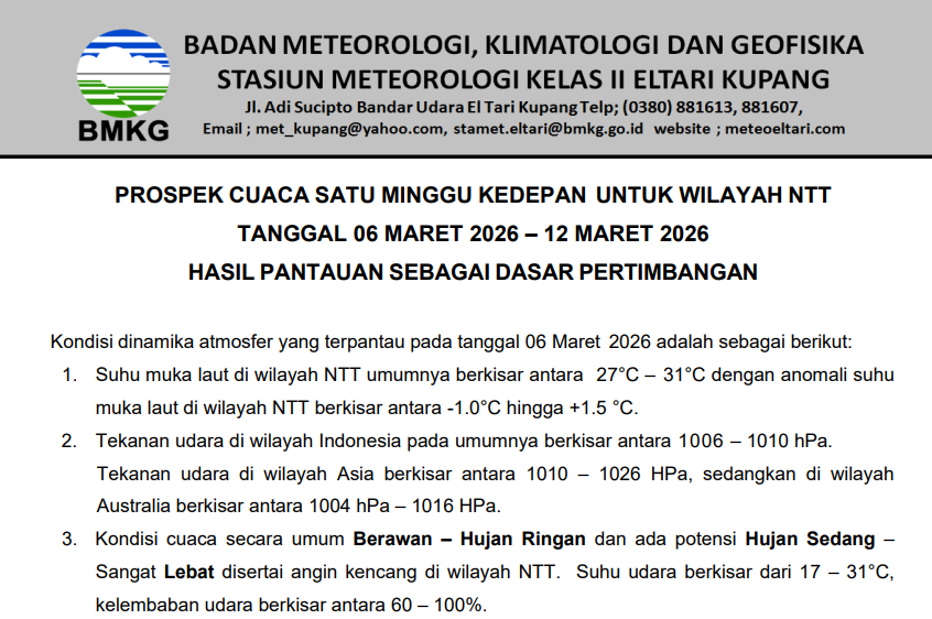 Prospek Cuaca Satu Minggu Kedepan Untuk Wilayah NTT Tanggal 06-12 Maret 2026