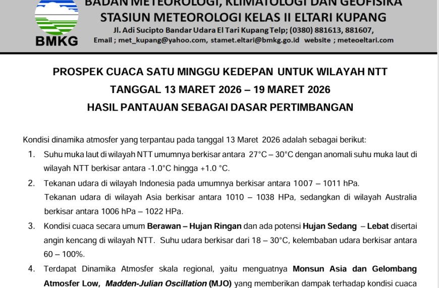 Prospek Cuaca Wilayah Nusa Tenggara Timur 13–19 Maret 2026