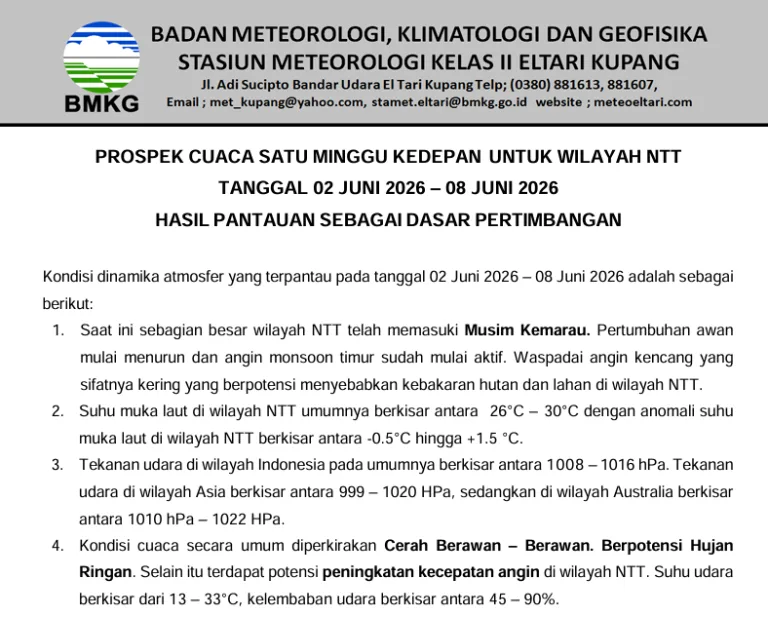 Prospek Cuaca NTT 2-8 Juni 2026