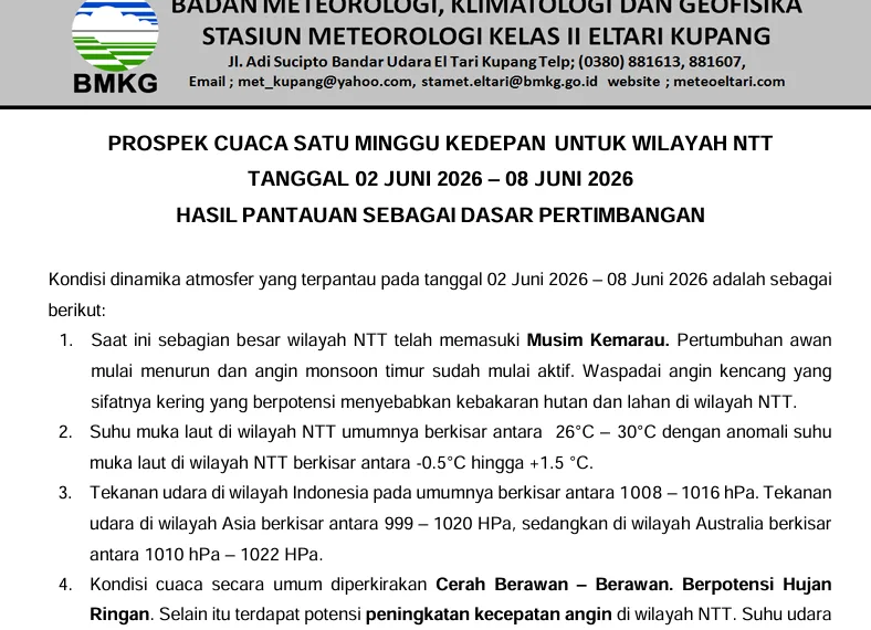 Prospek Cuaca NTT 2-8 Juni 2026