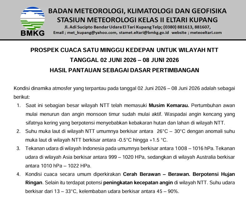 Prospek Cuaca NTT 2-8 Juni 2026
