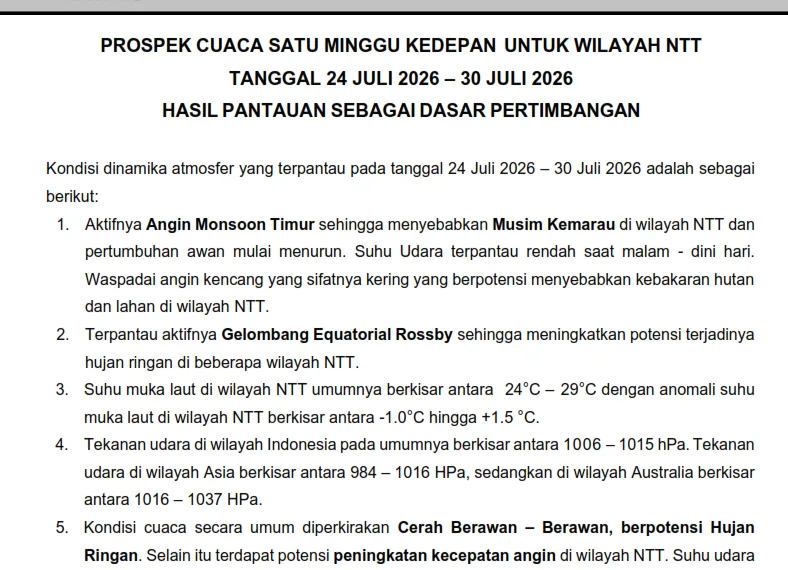 Prospek Cuaca Satu Minggu Kedepan Untuk Wilayah NTT 24 Juli…
